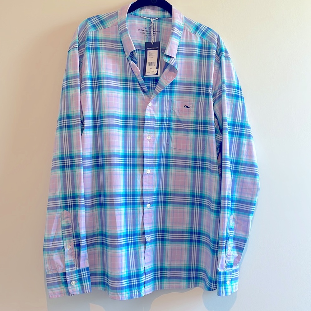 NWT Vineyard Vines OTG Performance Classic Fit Plaid Nylon Shirt in Sea Grape